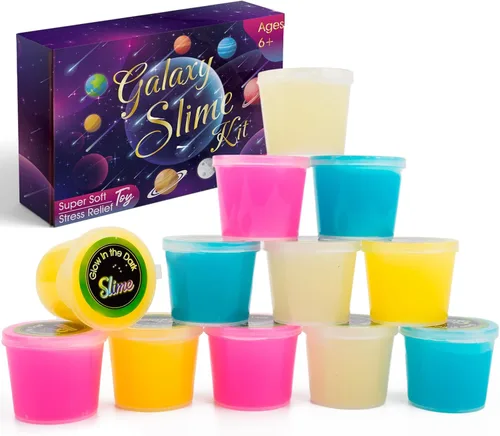Vista 8 de Paquete de 12 kits de slime de galaxia que brilla en la oscuridad, recuerdos de fiesta para niñas y niños, juguete de alivio del estrés para bolsas