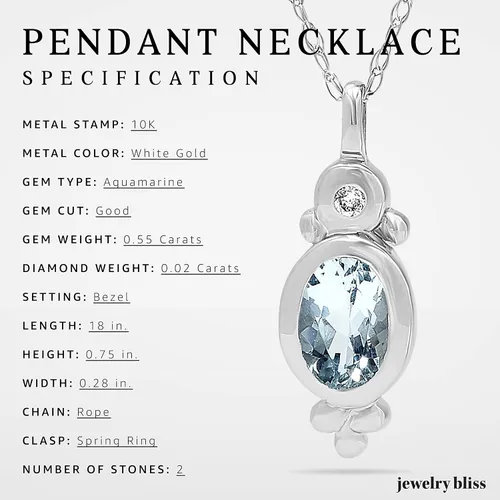Vista 3 de Jewelry Bliss Cadena de oro blanco de 10 quilates y colgante ovalado con aguamarina azul auténtica y diamante piedra natal de marzo para mujer