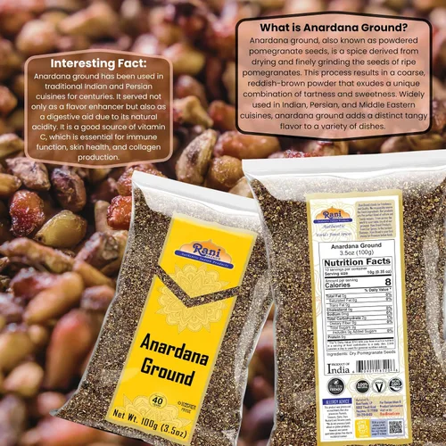 Vista 5 de Rani Anardana (granada) molida, especias indias 3.5 oz (100 g) ~ Todo natural Sin color Apto para gluten Vegano Sin OMG Kosher Sin sal