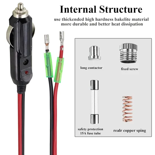 Vista 5 de Enchufe macho para encendedor de cigarrillos de 16 AWG, cable de 12 V, enchufe macho con conductores, fusible de 10 A, cable de enchufe macho