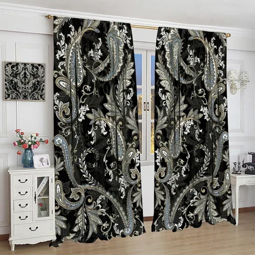 Vista 184 de Cortinas opacas con estampado de flores de cachemira, estampado de cachemira sobre fondo blanco, para decoración del hogar, cocina, restaurante