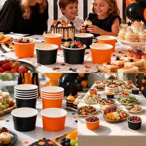 Vista 5 de 60 tazas de aperitivos de Halloween de 9 onzas, color negro y naranja