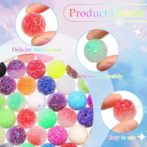 Vista 3 de Huquary 80 cuentas de diamantes de imitación para bolígrafos, hacer joyas, cuentas de azúcar para pulseras, bolas redondas de discoteca, chicle