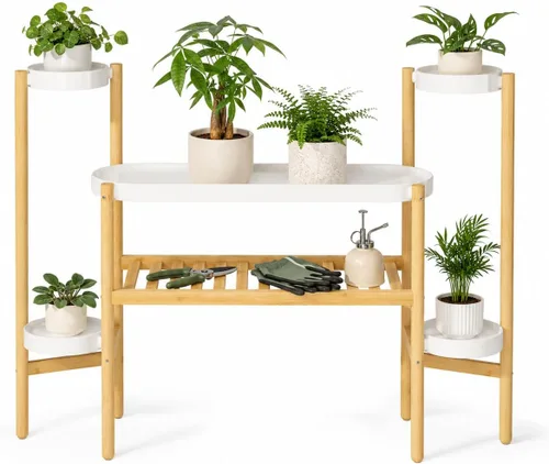 Vista 11 de APRTAT Soporte de bambú para plantas de interior, soporte de almacenamiento de plantas de 2 niveles de altura para múltiples plantas, estante