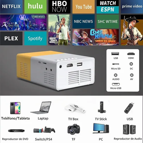 Vista 5 de Mini proyectores de video 720P proyector de película, proyección de pantalla de 24 a 60 pulgadas, proyector LED amigable con los ojos para cine
