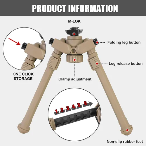 Vista 3 de BZTAC Tactical Durable Sturdy Portable Bipod Mlok Picatinny Quick Detach Head for Rifles with 6 Adjustable Heights for Shooting Hunting Accessories
