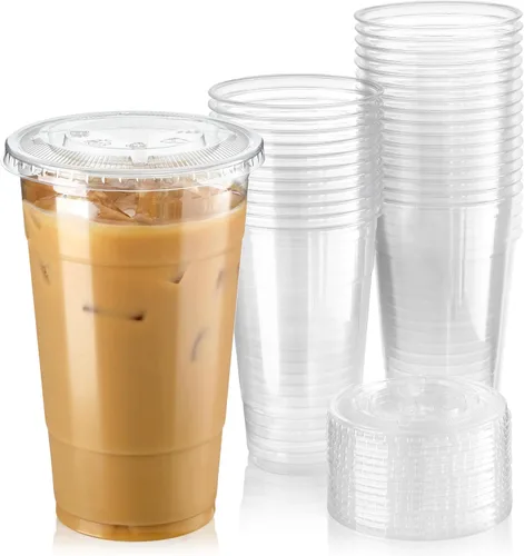 Vista 9 de Fit Meal Prep Paquete de 50 vasos de plástico transparente de 9 onzas con tapas planas, tazas desechables para café helado, sin BPA, taza de batido