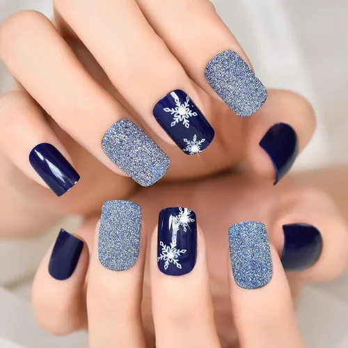 Vista 4 de ELEVENAIL Uñas postizas a presión de Navidad con purpurina azul oscuro, diseño de copo de nieve y diamantes de imitación de Navidad, longitud media