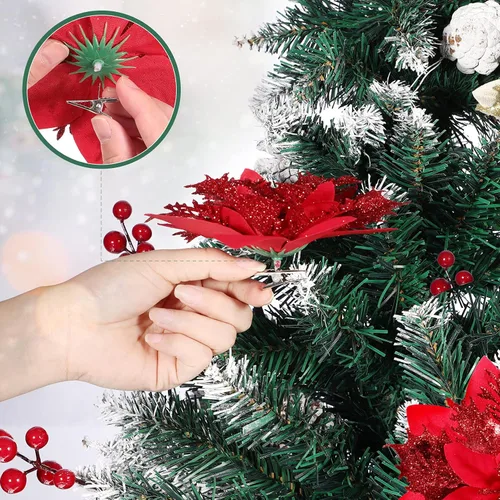 Vista 6 de Toyvian Flores de pascua artificiales con purpurina navideña, 12 adornos de flores para árbol de Navidad, decoración de fiesta de Navidad con 12 Rojo
