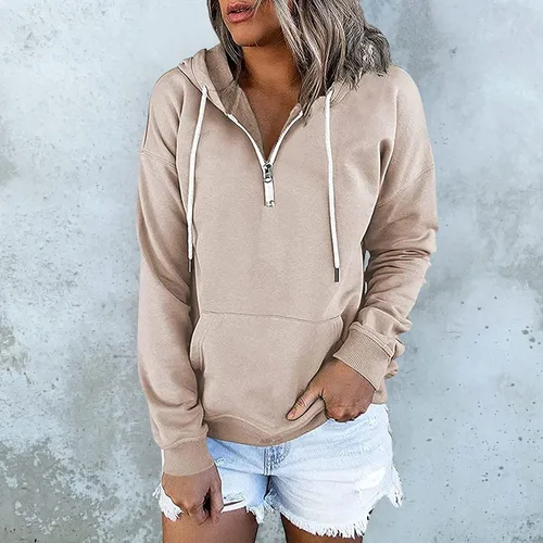 Vista 5 de Sudadera con capucha y media cremallera para mujer, con cordón, atlética, moderna, con bolsillo frontal, manga larga, para otoño
