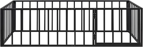 Vista 6 de Cama de suelo de tamaño individual para niños, camas Montessori con rieles y puerta, marco de cama de metal con valla para niños y niñas, color negro