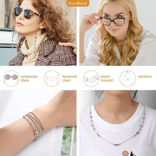 Vista 4 de humlbird Cadena de gafas de acero inoxidable para mujer, cadena de gafas de sol, soporte para gafas alrededor del cuello