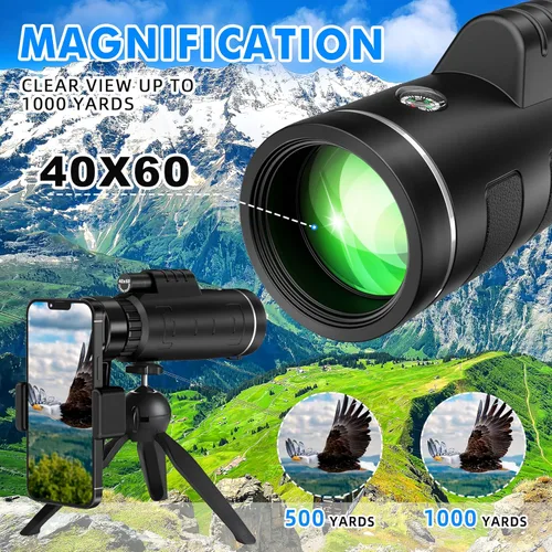Vista 4 de Telescopio monocular de 40 x 60 con adaptador para teléfono inteligente y estuche para telescopio, monocular de alta potencia, monocular compacto