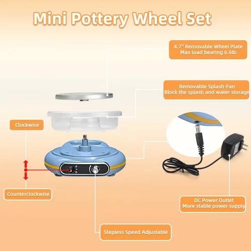 Vista 3 de Mini kit de rueda de cerámica para niños, máquina de cerámica eléctrica de rotación bidireccional de 4.7 pulgadas, velocidad ajustable, bajo ruido