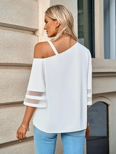 Vista 6 de MODECRUSH 2023 - Blusa de gasa de verano con un hombro para mujer, manga corta de 34, asimétrica, holgada, casual