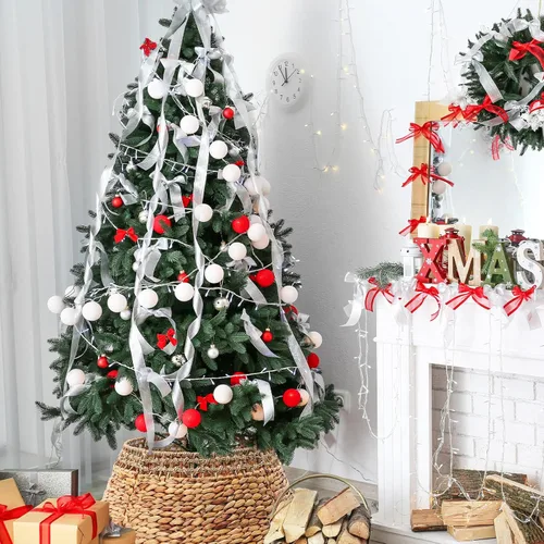 Vista 4 de Leyndo Collar de árbol de Navidad tejido de ratán para árbol de Navidad, base de árbol de Navidad rústico natural y jacinto de agua