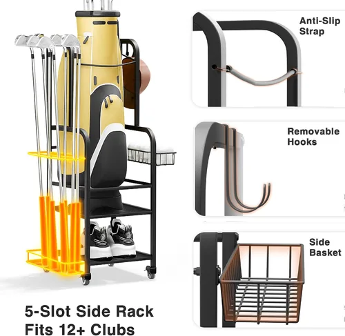 Vista 3 de niffgaff Golf Bag Organizer Golfing Storage Stand for Garage Golf Bags Golfing Rack with Wheels Black