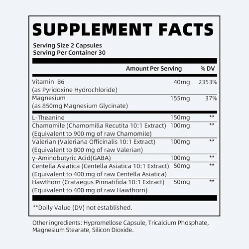 Vista 8 de iMATCHME Cápsulas de glicinato de magnesio 850 mg con L-Teanina, manzanilla y GABA para el sueño, la calma, los músculos, la salud ósea y el apoyo