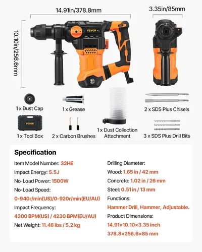 Vista 7 de VEVOR - Rotomartillo SDS-Plus de 1-1/4 pulgadas, taladro con cable de 13 amperios, martillos de astilla de servicio pesado con control de vibración