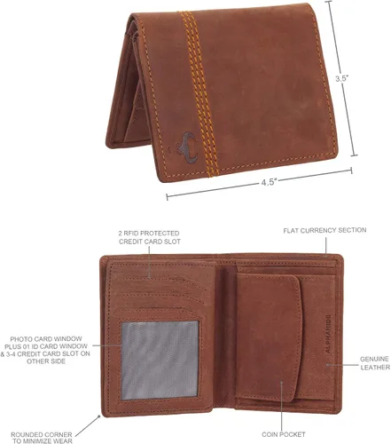 Vista 4 de AlphaHide - Cartera con bloqueo RFID para hombre diseño vertical de doble cara bolsillo para monedas 2 ventanas de identificación