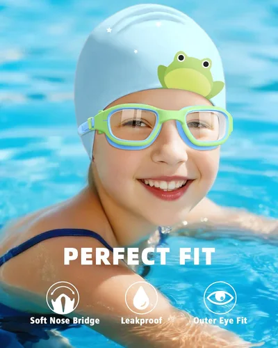 Vista 4 de Kids Swim Goggles with Silicone Swim Cap, Swimming Goggles Cap Set for Kids 6-14, Anti-Fog Anti-UV for Boys Girls