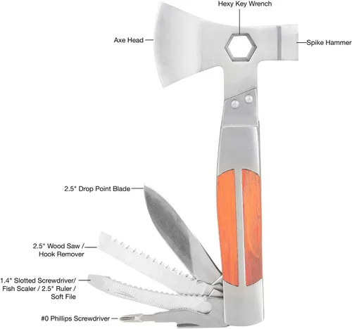 Vista 3 de Sheffield 12301 Camper - Herramienta múltiple de cabeza de hacha 12 en 1, hacha, martillo, destornilladores, escalador de pescado, llave hexagonal