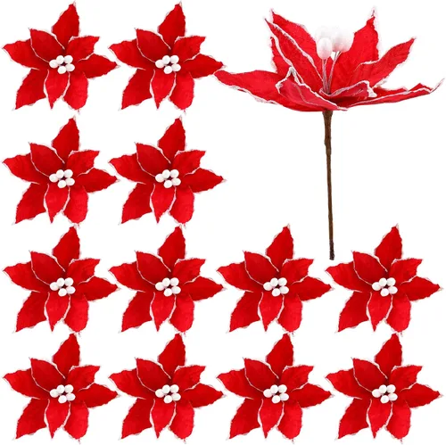 Vista 16 de Zeyune 6 Piezas Flores de Pascua Azules de Navidad Artificiales Grandes Espinas de Pascua Falsas Flores de Franela con Borde Helado para Adornos