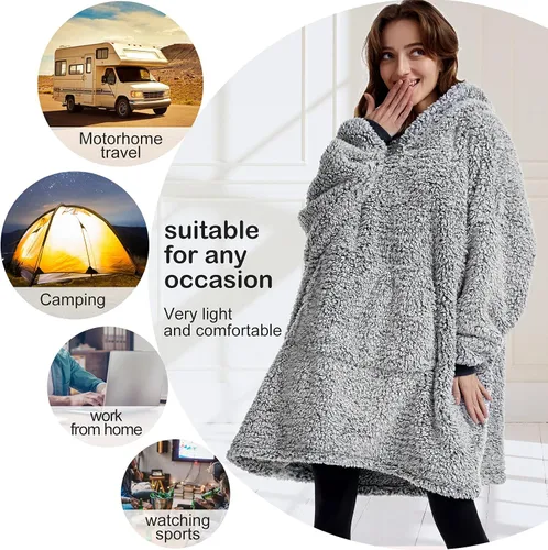 Vista 3 de Manta de sherpa acogedora con capucha para adultos, mujeres, hombres y niños, idea de regalo, manta con capucha, manta de gran tamaño, súper cálida
