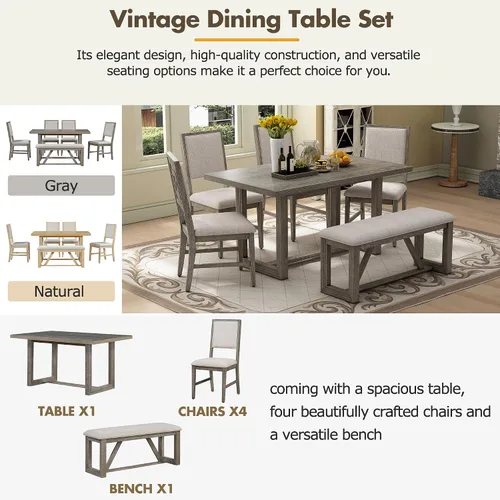 Vista 3 de Merax Juego de sillas de comedor de 6 piezas, mesa rectangular de madera de caucho retro con base de caballete diseñada y 4 sillas tapizadas y 1 Gris
