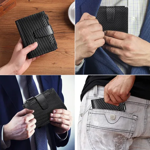 Vista 6 de FALAN MULE Cartera de cuero genuino con bloqueo RFID para hombre con cremallera bolsillo para monedas, ventana de identificación ABA-negro