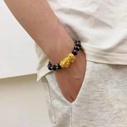 Vista 2 de Pulsera Feng Shui Pixiu de riqueza y suerte, pulseras Pi Xiu de buena suerte, pulsera de obsidiana negra Fengshui para hombres y mujeres, puede