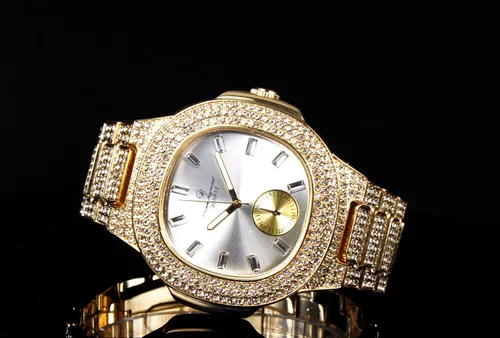 Vista 4 de Brazalete cubano con reloj oblongo destellos brillantes 8475BC reloj hip hop cubano