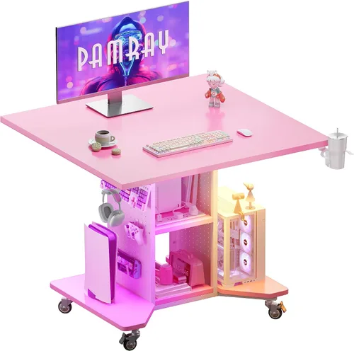 Vista 8 de Pamray Escritorio pequeño con ruedas para juegos con luces LED, tomas de corriente y tablero de clavijas de almacenamiento, mesa compacta