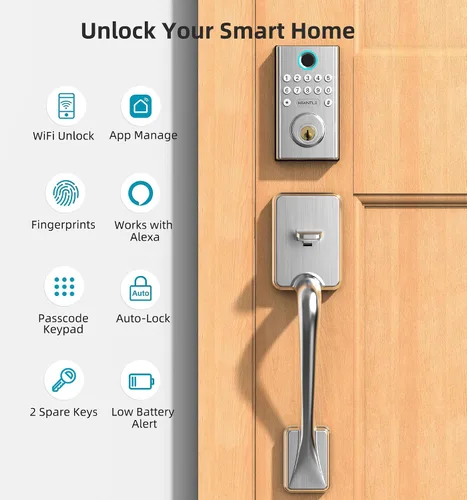 Vista 9 de Juego de cerradura de puerta inteligente WiFi: cerrojo de entrada sin llave HEANTLE con asa, cerrojo de huella dactilar, teclado digital