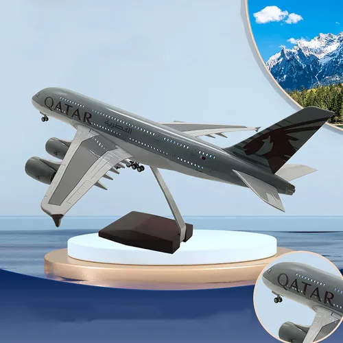 Vista 2 de Modelo de avión a escala 1:160 de 18.5 pulgadas, modelo Qatar A380, modelo Jet Collectibles, modelos planos de resina con ruedas fundidas a presión