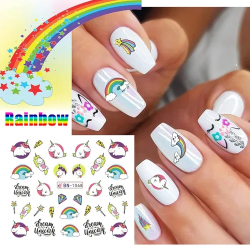 Vista 8 de Calcomanías de uñas de unicornio, calcomanías de transferencia de agua, calcomanías de uñas de corazón, unicornio, arcoíris, dona, diseño de uñas