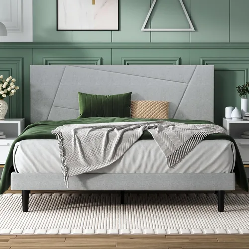 Vista 12 de IOILORI - Base de cama tamaño Full con cabecera tapizada en terciopelo de diseño geométrico, estructura robusta y listones de madera, silenciosa,