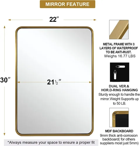 Vista 2 de Espejo de latón para baño, espejo rectangular redondeado de 22x30 pulgadas con marco de metal cepillado dorado, espejo de tocador de baño sin