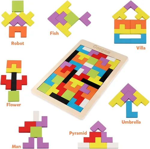 Vista 12 de Coogam Rompecabezas de Bloques de Madera Juguete de Acertijos Cerebrales Tangram Rompecabezas de Inteligencia Colorido Juego de Bloques Rusos 3D
