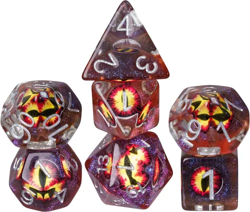 Vista 9 de Cusdie Dados DND de 7 troqueles, juego de dados poliédricos rellenos de globo ocular, para juegos de rol, dados D&D (globo ocular marrón)