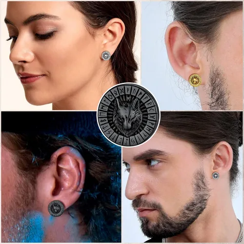 Vista 6 de FaithHeart Aretes de tuerca vikingos nórdicos para hombres y mujeres, de acero inoxidable, con diseño de valknutbrújulanudo celtacabeza de lobo