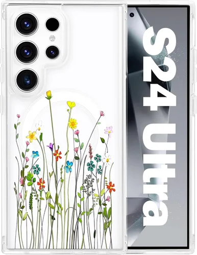 Vista 41 de Funda magnética para Samsung Galaxy S22 Ultra Flower, compatible con MagSafe, patrón floral transparente a prueba de golpes, parte trasera