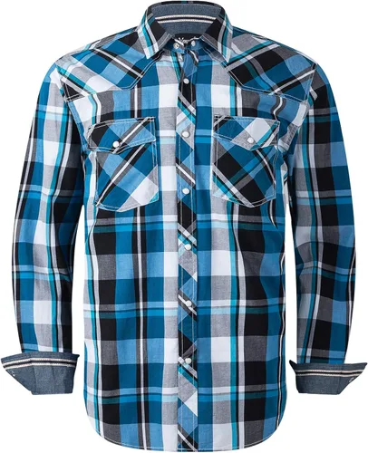 Vista 8 de Camisas occidentales de manga larga con botones para hombre, camisas a cuadros de ajuste regular Blkslub