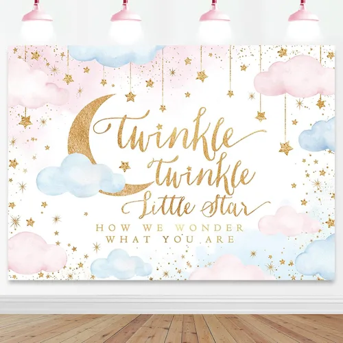 Vista 8 de Mocsicka Twinkle Twinkle Little Star - Telón de fondo beige para revelación de género para fiesta de niño o niña, decoración de nube y luna, baby