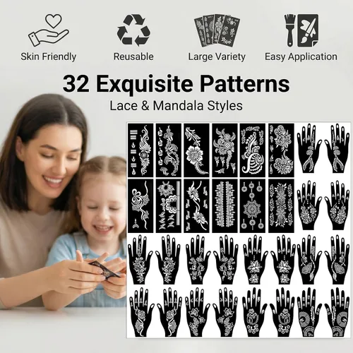 Vista 5 de Kotbs 32 hojas de plantillas de tatuaje de henna para manos, antebrazo, pintura facial, arte corporal, plantillas de tatuaje de flores con purpurina