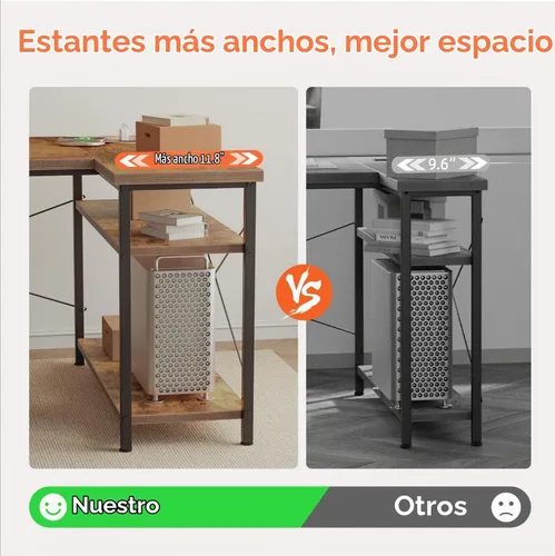 Vista 5 de Mericonia Escritorio para computadora en forma de L con tomas de corriente, escritorio para juegos reversible con estantes de almacenamiento y Marrón