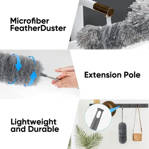 Vista 5 de Plumero de microfibra curvada retráctil lavable, plumero de microfibra con poste de extensión, plumero de plumas de microfibra, reutilizable