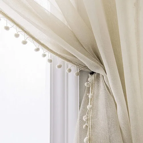 Vista 34 de MISS SELECTEX Cortinas semitransparentes con aspecto de lino y borlas de pompones - Cortinas de gasa semitransparentes con bolsillo para varilla