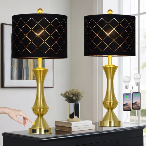 Vista 14 de Lámparas de mesa costeras de 28 pulgadas para sala de estar, lámparas de noche con luz nocturna, puertos USB A+C, moderna concha de mar