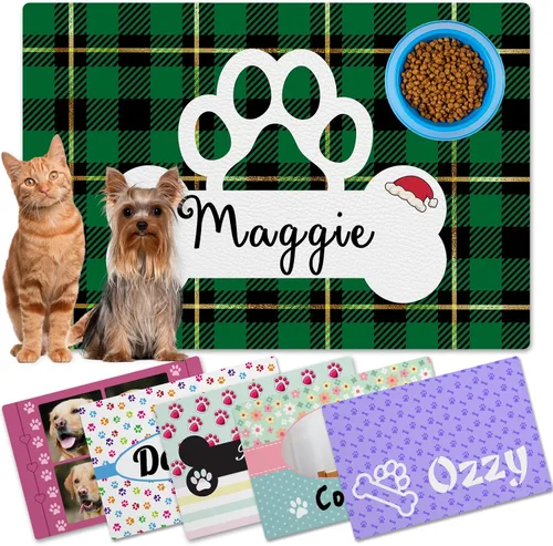 Vista 14 de Alfombrillas personalizadas de piel sintética para comida y agua, antideslizante e impermeable para nombre/foto, tapete personalizado